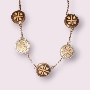 Anthro Cross medallion goldtone station necklace adjustable length